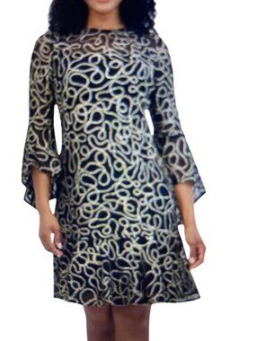 Jessica Howard Women's Illusion-Yoke Flounce-Hem Dress Large Navy 16 NWT